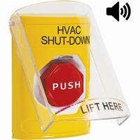 Safety Technology SS22A2HV-EN | Yellow Indoor Only Flush or Surface with Horn Key-to-Reset (Illuminated) Stopper Station with HVAC SHUT DOWN Label English