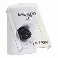 Safety Technology SS2323EX-EN | White Indoor Only Flush or Surface Key-to-Activate Stopper Station with EMERGENCY EXIT Label English