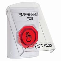 Safety Technology SS2326EX-EN | White Indoor Only Flush or Surface Momentary (Illuminated) with Red Lens Stopper Station with EMERGENCY EXIT Label English