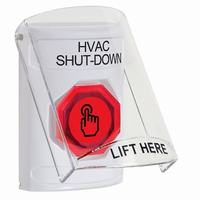 Safety Technology SS2326HV-EN | White Indoor Only Flush or Surface Momentary (Illuminated) with Red Lens Stopper Station with HVAC SHUT DOWN Label English