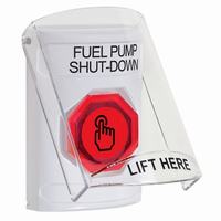 Safety Technology SS2326PS-EN | White Indoor Only Flush or Surface Momentary (Illuminated) with Red Lens Stopper Station with FUEL PUMP SHUT DOWN Label English