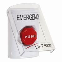 Safety Technology SS2328EM-EN | White Indoor Only Flush or Surface Pneumatic (Illuminated) Stopper Station with EMERGENCY Label English