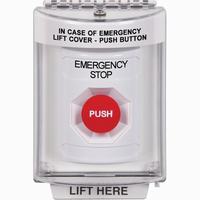 Safety Technology SS2334ES-EN | White Indoor/Outdoor Flush Momentary Stopper Station with EMERGENCY STOP Label English