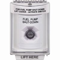 Safety Technology SS2343PS-EN | White Indoor/Outdoor Flush with Horn Key-to-Activate Stopper Station with FUEL PUMP SHUT DOWN Label English