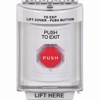 Safety Technology SS2349PX-EN | White Indoor/Outdoor Flush with Horn Turn-to-Reset (Illuminated) Stopper Station with PUSH TO EXIT Label English