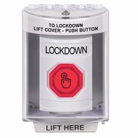 Safety Technology SS2376LD-EN | White Indoor/Outdoor Surface Momentary (Illuminated) with Red Lens Stopper Station with LOCKDOWN Label English