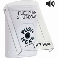 Safety Technology SS23A0PS-EN | White Indoor Only Flush or Surface with Horn Key-to-Reset Stopper Station with FUEL PUMP SHUT DOWN Label English