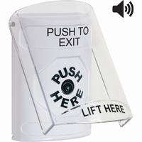 Safety Technology SS23A0PX-EN | White Indoor Only Flush or Surface with Horn Key-to-Reset Stopper Station with PUSH TO EXIT Label English