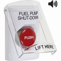 Safety Technology SS23A1PS-EN | White Indoor Only Flush or Surface with Horn Turn-to-Reset Stopper Station with FUEL PUMP SHUT DOWN Label English