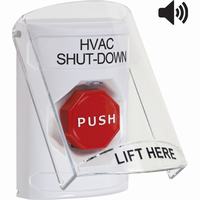 Safety Technology SS23A2HV-EN | White Indoor Only Flush or Surface with Horn Key-to-Reset (Illuminated) Stopper Station with HVAC SHUT DOWN Label English