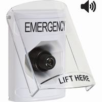 Safety Technology SS23A3EM-EN | White Indoor Only Flush or Surface with Horn Key-to-Activate Stopper Station with EMERGENCY Label English