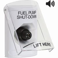 Safety Technology SS23A3PS-EN | White Indoor Only Flush or Surface with Horn Key-to-Activate Stopper Station with FUEL PUMP SHUT DOWN Label English