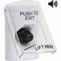 Safety Technology SS23A3PX-EN | White Indoor Only Flush or Surface with Horn Key-to-Activate Stopper Station with PUSH TO EXIT Label English