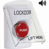 Safety Technology SS23A4LD-EN | White Indoor Only Flush or Surface with Horn Momentary Stopper Station with LOCKDOWN Label English