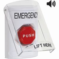Safety Technology SS23A8EM-EN | White Indoor Only Flush or Surface with Horn Pneumatic (Illuminated) Stopper Station with EMERGENCY Label English