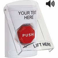 Safety Technology SS23A9ZA-EN | White Indoor Only Flush or Surface with Horn Turn-to-Reset (Illuminated) Stopper Station with Non-Returnable Custom Text Label English