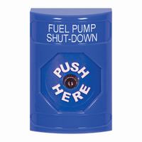 Safety Technology SS2400PS-EN | Blue No Cover Key-to-Reset Stopper Station with FUEL PUMP SHUT DOWN Label English