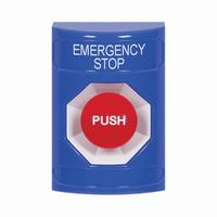 Safety Technology SS2404ES-EN | Blue No Cover Momentary Stopper Station with EMERGENCY STOP Label English