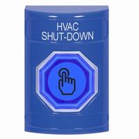 Safety Technology SS2407HV-EN | Blue No Cover Weather Resistant Momentary (Illuminated) with Blue Lens Stopper Station with HVAC SHUT DOWN Label English