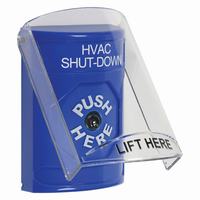 Safety Technology SS2420HV-EN | Blue Indoor Only Flush or Surface Key-to-Reset Stopper Station with HVAC SHUT DOWN Label English