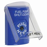 Safety Technology SS2420PS-EN | Blue Indoor Only Flush or Surface Key-to-Reset Stopper Station with FUEL PUMP SHUT DOWN Label English