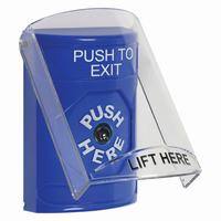 Safety Technology SS2420PX-EN | Blue Indoor Only Flush or Surface Key-to-Reset Stopper Station with PUSH TO EXIT Label English