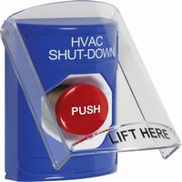 Safety Technology SS2424HV-EN | Blue Indoor Only Flush or Surface Momentary Stopper Station with HVAC SHUT DOWN Label English