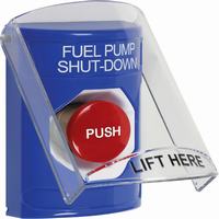 Safety Technology SS2424PS-EN | Blue Indoor Only Flush or Surface Momentary Stopper Station with FUEL PUMP SHUT DOWN Label English