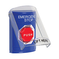 Safety Technology SS2425ES-EN | Blue Indoor Only Flush or Surface Momentary (Illuminated) Stopper Station with EMERGENCY STOP Label English