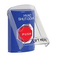 Safety Technology SS2425HV-EN | Blue Indoor Only Flush or Surface Momentary (Illuminated) Stopper Station with HVAC SHUT DOWN Label English