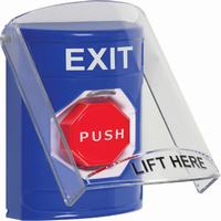 Safety Technology SS2425XT-EN | Blue Indoor Only Flush or Surface Momentary (Illuminated) Stopper Station with EXIT Label English