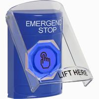 Safety Technology SS2426ES-EN | Blue Indoor Only Flush or Surface Momentary (Illuminated) with Blue Lens Stopper Station with EMERGENCY STOP Label English