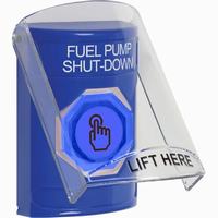 Safety Technology SS2426PS-EN | Blue Indoor Only Flush or Surface Momentary (Illuminated) with Blue Lens Stopper Station with FUEL PUMP SHUT DOWN Label English