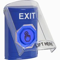 Safety Technology SS2426XT-EN | Blue Indoor Only Flush or Surface Momentary (Illuminated) with Blue Lens Stopper Station with EXIT Label English
