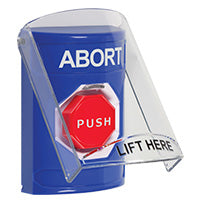 Safety Technology SS2428AB-EN | Blue Indoor Only Flush or Surface Pneumatic (Illuminated) Stopper Station with ABORT Label English