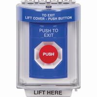 Safety Technology SS2434PX-EN | Blue Indoor/Outdoor Flush Momentary Stopper Station with PUSH TO EXIT Label English