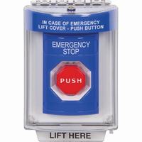 Safety Technology SS2435ES-EN | Blue Indoor/Outdoor Flush Momentary (Illuminated) Stopper Station with EMERGENCY STOP Label English