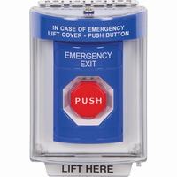 Safety Technology SS2435EX-EN | Blue Indoor/Outdoor Flush Momentary (Illuminated) Stopper Station with EMERGENCY EXIT Label English
