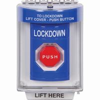 Safety Technology SS2435LD-EN | Blue Indoor/Outdoor Flush Momentary (Illuminated) Stopper Station with LOCKDOWN Label English