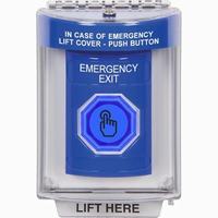 Safety Technology SS2437EX-EN | Blue Indoor/Outdoor Flush Weather Resistant Momentary (Illuminated) with Blue Lens Stopper Station with EMERGENCY EXIT Label English