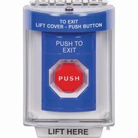Safety Technology SS2438PX-EN | Blue Indoor/Outdoor Flush Pneumatic (Illuminated) Stopper Station with PUSH TO EXIT Label English