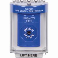 Safety Technology SS2440PX-EN | Blue Indoor/Outdoor Flush with Horn Key-to-Reset Stopper Station with PUSH TO EXIT Label English
