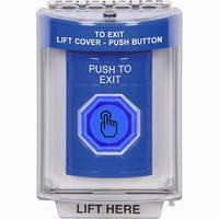 Safety Technology SS2447PX-EN | Blue Indoor/Outdoor Flush with Horn Weather Resistant Momentary (Illuminated) with Blue Lens Stopper Station with PUSH TO EXIT Label English