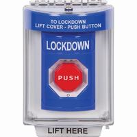 Safety Technology SS2449LD-EN | Blue Indoor/Outdoor Flush with Horn Turn-to-Reset (Illuminated) Stopper Station with LOCKDOWN Label English