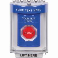 Safety Technology SS2449ZA-EN | Blue Indoor/Outdoor Flush with Horn Turn-to-Reset (Illuminated) Stopper Station with Non-Returnable Custom Text Label English