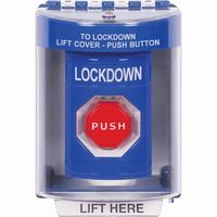 Safety Technology SS2475LD-EN | Blue Indoor/Outdoor Surface Momentary (Illuminated) Stopper Station with LOCKDOWN Label English
