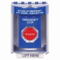 Safety Technology SS2479ES-EN | Blue Indoor/Outdoor Surface Turn-to-Reset (Illuminated) Stopper Station with EMERGENCY STOP Label English