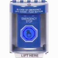 Safety Technology SS2487ES-EN | Blue Indoor/Outdoor Surface with Horn Weather Resistant Momentary (Illuminated) with Blue Lens Stopper Station with EMERGENCY STOP Label English