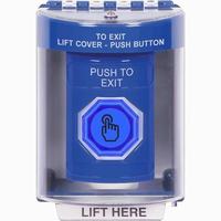 Safety Technology SS2487PX-EN | Blue Indoor/Outdoor Surface with Horn Weather Resistant Momentary (Illuminated) with Blue Lens Stopper Station with PUSH TO EXIT Label English