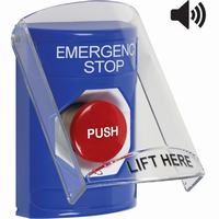 Safety Technology SS24A1ES-EN | Blue Indoor Only Flush or Surface with Horn Turn-to-Reset Stopper Station with EMERGENCY STOP Label English